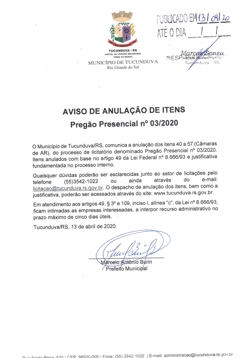 AVISO DE ANULAÇÃO DE ITENS PP 03/2020 SRP AQUIS DE PNEUS E CÂMARAS